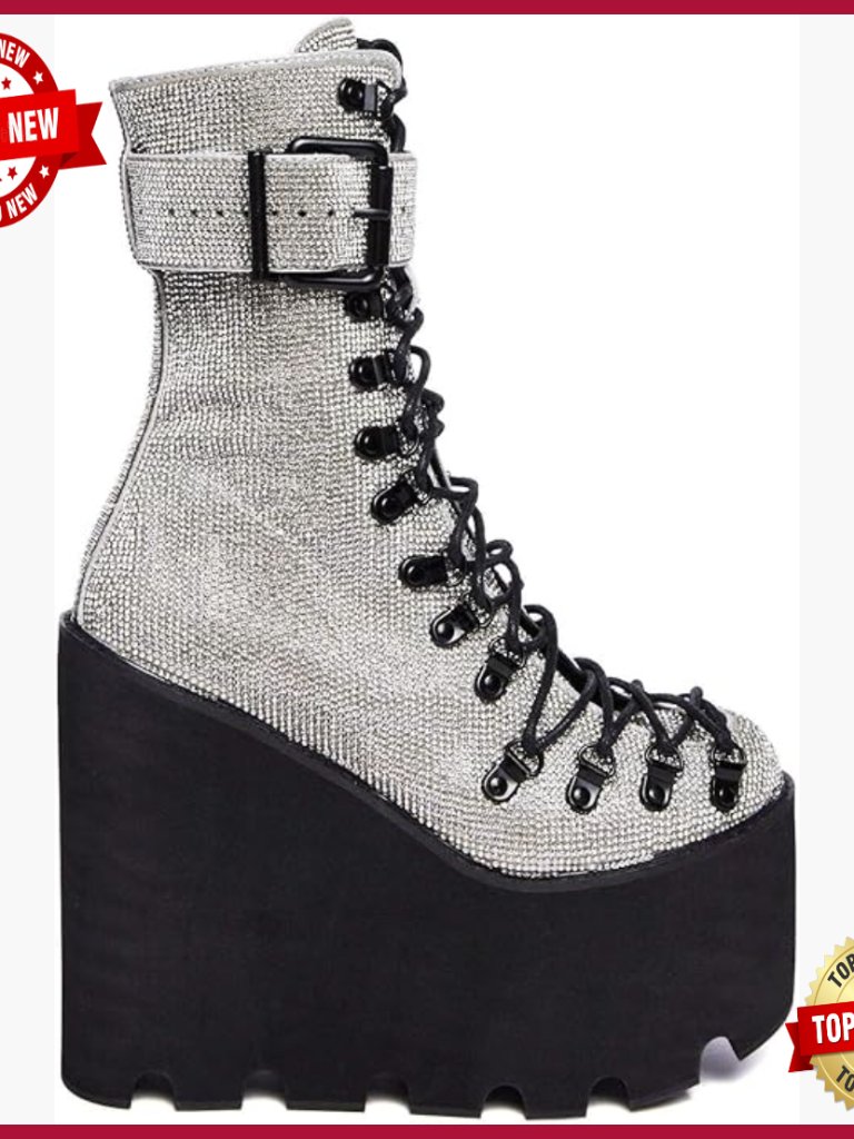 Studded Wedge Platform Boots With Lace-Up & Buckle Straps